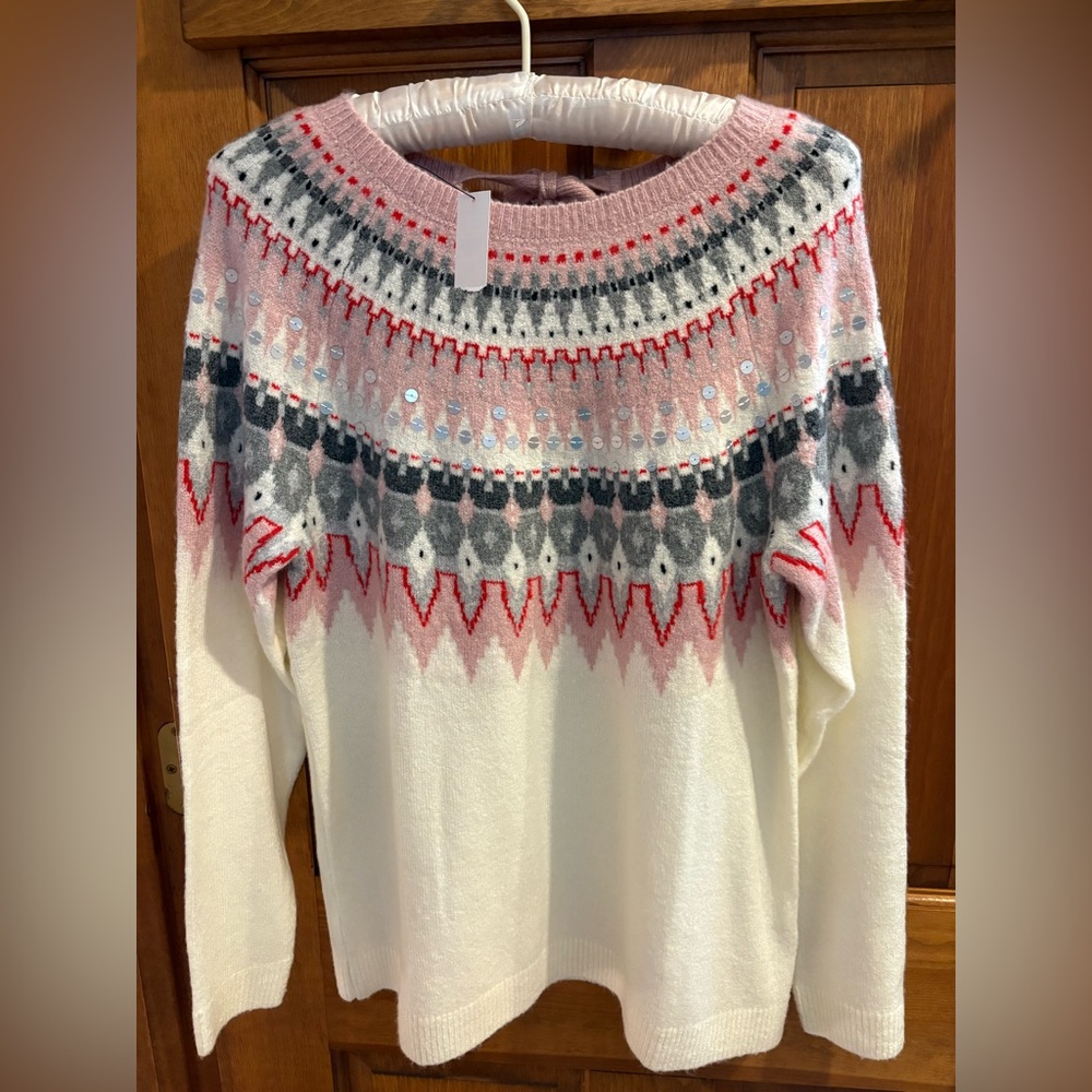 Talbots White and Pink Patterned Sweater